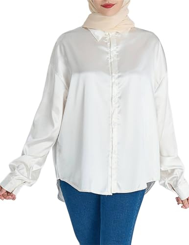 Zeagoo Blusa de satén elegante para mujer, cuello en V, manga larga, informal, trabajo, monocolor, con botones, suelta, de manga larga, Blanco, XL