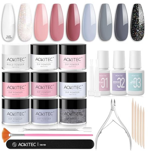 Aokitec 23 Stücke Dipping Powder Nails Set mit Build Powder - Glitzer Schwarz Grau Weiß Rosa Dipping Powder mit Dip Liquid Base Top Gels Nagel Zubehör Nagel Set Anfänger, Nägel Selber Machen