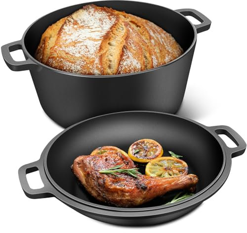 RAINBEAN 2-in-1 Pre-Seasoned Cast Iron Dutch Oven Pot with Skillet Lid, 5.5 QT Dual Handles, Heavy-Duty Non-stick Round Pot for Bread Baking, Stewing, Roasting