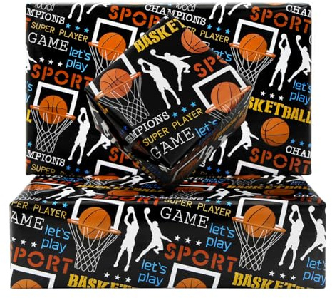 Basketball-Geschenkpapier, Sportthema, Geschenkpapier, 4 Bögen, 50 x 70 cm pro Blatt, Geburtstagsgeschenkpapier für Jungen, Kinder, Männer, Basketballliebhaber, Geburtstag, Urlaub