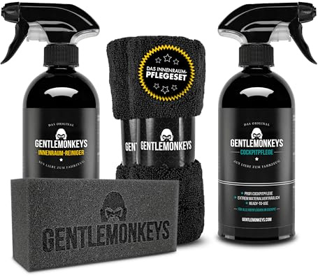 GENTLEMONKEYS Profi Auto Innenraum Pflegeset - Reiniger + Cockpitpflege | Angenehmer Duft - Reinigung für Fahrzeugoberflächen - Biologisch abbaubar - Inkl. Mikrofasertuch & Schwamm - Made in Germany
