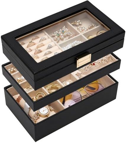 Seelux Organizador de Joyas, Apilable, con Tapa de Cristal, Divisores Extraíbles para el Tocador, Idea de Regalo para Niñas y Mujeres (Negro, XL)