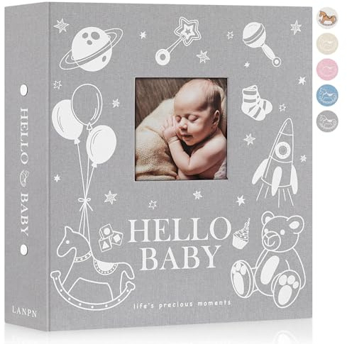 Lanpn Baby Fotoalbum 10x15 600 Fotos, HELLO BABY Leinen Baby Fotobuch Einsteckalbum Babyalbum Erinnerungsbuch Babybuch für 1. Geburtstag Junge Neugeborenes Kinder Mein Erstes Bebe (Grau)