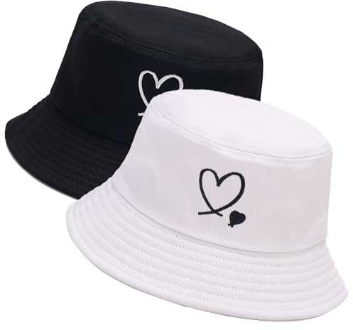 XYIYI 2 Pack Doppelherz Schwarz Weiß Unisex Fischerhüte für Frauen Männer Sommer Strand Angelnhut Sonnehut