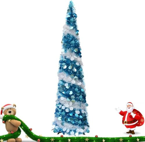 150cm Pop Up Weihnachtsbaum mit 5m LED Licht Künstlicher Weihnachtsbaum Weihnachtsdeko Faltbarer Weihnachtsbäume Vorbeleuchtete Weihnachtsdekoration Pailletten Weihnachtsbäum mit Ständer (Blau)