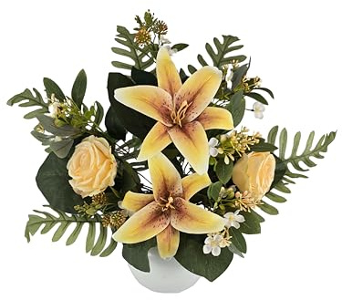 DRW Blumenzentrum mit Lilien und künstlichen gelben Rosen, 60 x 30 x 70 cm