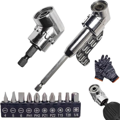 105 Degree Right Angle Drill Adapter, Right Angle Drill Adapter, Corner Tool Screw Hub with Multi-Function Bend Screwdriver Bit, 360°Rotatable Set for 1/4 Drill (Short+Long+10 Screwdriver Bits)