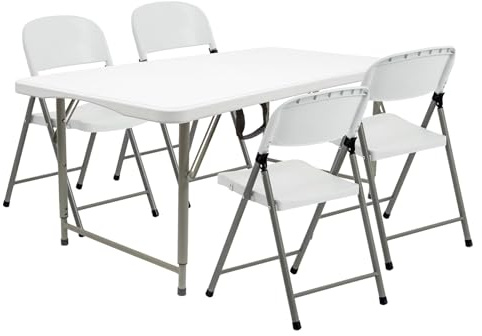 Harbour Housewares Height Adjustable Folding Camping Picnic Table & Chair Set - 120cm (4ft) - White - Foldable Outdoor Garden Dining Furniture