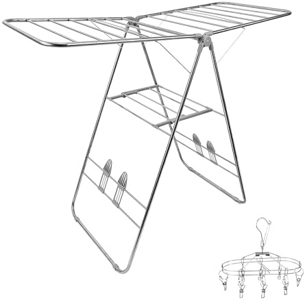 SONWIN Clothes Drying Rack Foldable -Height Adjustable Laundry Drying Rack Large Space, Winged Laundry Rack with Sock Clips for Hanging Towels Clothes Dress Bedding Indoor Outdoor, Gray