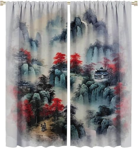 Pencil Pleat Blackout Curtains Mountain Landscape 170X200 Cm (W + H) Indoor Blackout Curtain, 3D Thermo-Insulating Window Curtains Polyester Material Bedroom Drapes Blackout Curtains -592950333