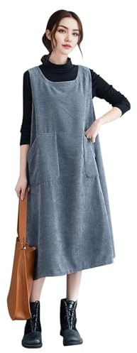 LAEMILIA Cord Dresses for Women UK Ladies Corduroy Pinafore Dress Oversized Sleeveless Dresses with Pockets Cute Fall Winter Spring Plus Size Clothing M-XXL/UK 8-18 Grey