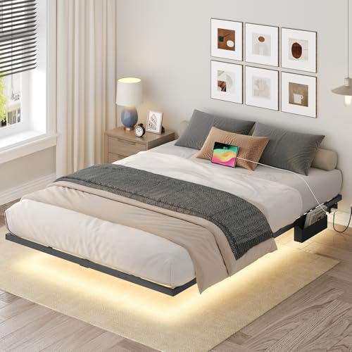 MAHANCRIS Cadre de Lit 140 x 200 cm, Jambes cachées, Cadre en Métal avec Station de Charge et Ruban LED, Plateforme de Lit avec Rangement, sommier Non-nécessaire, sans Bruit, Noir ABFBK537UE01