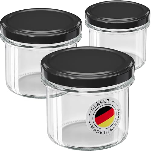 WELLGRO 12x Einmachgläser mit Schraubdeckel - 235ml - Deckel To 82 schwarz - Made in Germany - Vorratsgläser mit Deckel, Gärglas, Dessertgläser