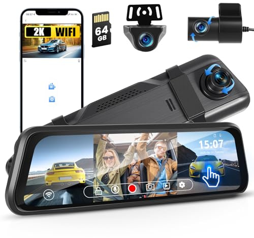 Inefala 9.66 2K Spiegel Dashcam mit Rückfahrkamera, WiFi Auto Kamera mit IPS-Touchscreen 3 Dash Cam Spiegel, Loop-Aufnahme und G-Sensor, Parküberwachung, kostenlose 64 GB-Karte