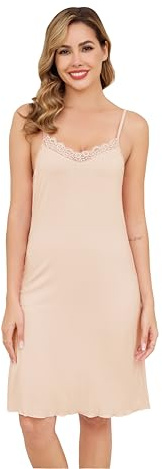 Sopesil Damunderklänningar Sexig V-hals Spets Klänning Mjukt Modal Foder Justerbara Axelremmar Elegant Underklänning, Beige, XXL