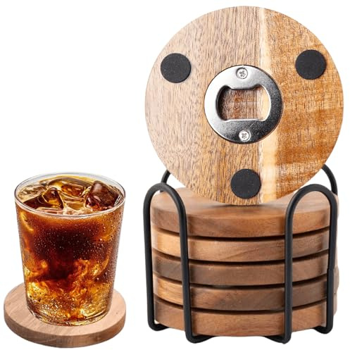 6 er Set Glasuntersetzer Holz mit Flaschenöffner, Untersetzer Holz, Glasuntersetzer, Korkuntersetzer Rund, Untersetzer Gläser Für Getränke,Bar,Glas,10 * 1 * 10cm
