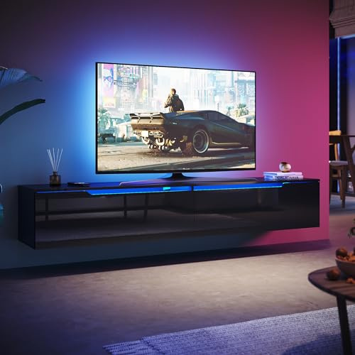 SUNXURY Meuble TV suspendu - 180 x 35 x 30 cm - Noir - Avec 16 litch RVB - Noir brillant - Avec porte d'armoire - Table TV
