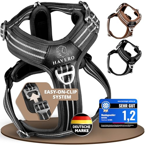 HAVERO Hundegeschirr Easy-On-Clip – [Kein Überkopfziehen] | Anti-Zug Y-Geschirr Gepolstert Reflektierend Atmungsaktiv Brustgeschirr – kleine, mittelgroße & Grosse Hunde Geschirr (Schwarz, XL)