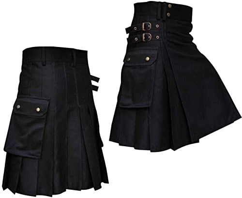 Générique Kilt Irlandais Homme Ecossais Noir Tartan Taille Élastique Jupe Plissée Médiévale en Coton Longue Complet Gothique Cosplay Couleur Unie À Séchage Rapide Grande