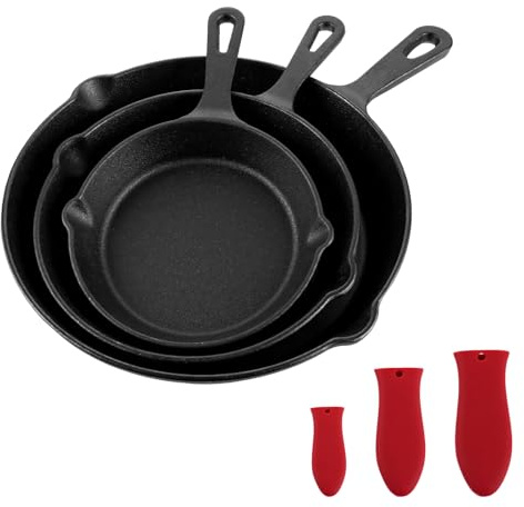 STARVAST Lot de 6 petites poêles en fonte de 14 cm, avec 2 poignées en silicone, poêle à feu en fonte, mini poêle en fer, petite poêle pour petits œufs au plat, bro