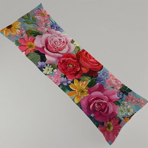 Seitenschläferkissen Bezug 120 x 40 cm Rot Kissenbezug Blume Schwangerschafts Kissen, Leinen Kopfkissenbezug Verdecktem Zip Lang Pillow Case Atmungsaktiv und Weich Seitenschläfer Body Pillow Y4-30