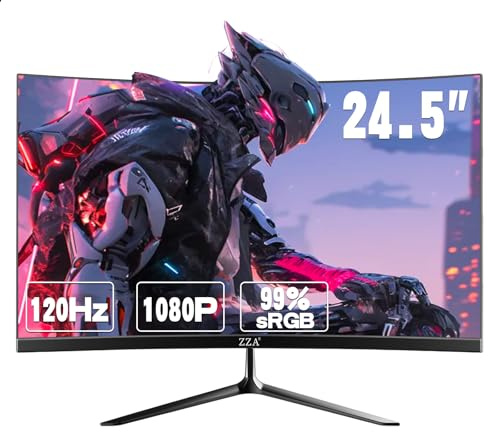 ZZA 24.5 Inch FHD (1920x1080) 120Hz Curved Gaming Monitor, 3000R Curvature VA Panel, 1ms MPRT, AMD FreeSync, Ultra-Thin Bezel, Eye Care, for Esports,PC