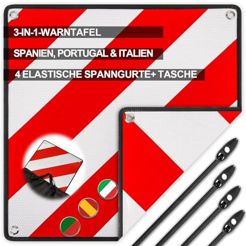 3-in-1 Warntafel für Italien, Spanien & Portugal, Weiß Reflektierend Warnschild mit 4 Spanngurte & Tasche, Zertifizierte für Fahrradträger Heckträger Auto Wohnmobil