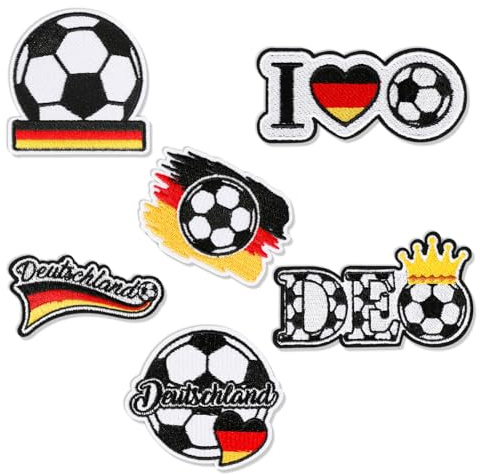 MWOOT 6 Stück Deutsche Fußball Patches,Fußball Patches zum Aufbügeln, Deutsche Gestickt Applikationen, Sport Aufnähen Patch für Hüte, Kleidung, Jacken, Jeans, Hosen, Kleider, Rucksäcke, DIY Basteln