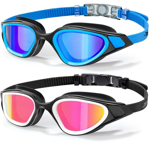 Freela 2 Pack Adult Men Women Swim Swimming Goggles Polarized 180° Clear Wide View Anti Fog UV Protection No Leak, Youth Swim Goggles Blue & Mirrored Pink Goggles with Nose Piece Underwater Pool Beach