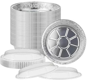 JMS we create smile - 50 Pack 7 Inch Round Foil Pan Trays with Lids 700 ml Aluminium Pie Pans, Containers Disposable Tin for Baking, Meal Prep, Takeaway, Oven & Freezer Safe