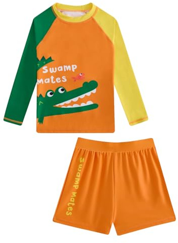 JiAmy Pojkar långärmad utslagsskydd badset djurtryck t-shirt och badbyxor 2-delar snabbtorkande strandkläder för pool och hav åldrarna 4-10 år, Krokodil orange, 5-6 År