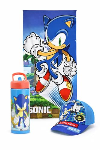 MARUKATSU Sonic Pack Playa Niño Completo Toalla 140x70 cm + Gorra Ajustable + Botella 410ml – Set Verano Infantil Microfibra Secado Rápido Piscina