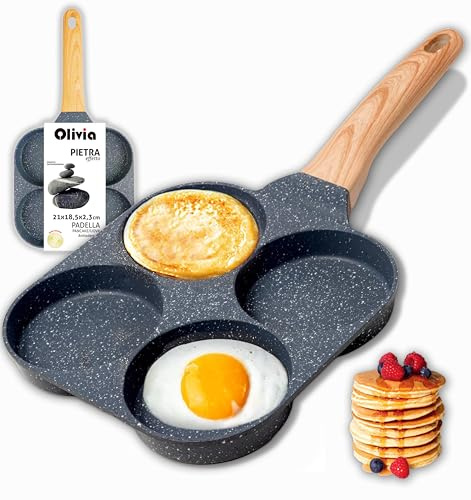 IPEA Padella Pancake Antiaderente per INDUZIONE o Fornello a GAS - 4 Stampi - Padella Anti Aderente in Alluminio Per Frittata, Crepes, Uova, Hamburger - Padella da Cucina - Manico - 21 cm Comfort