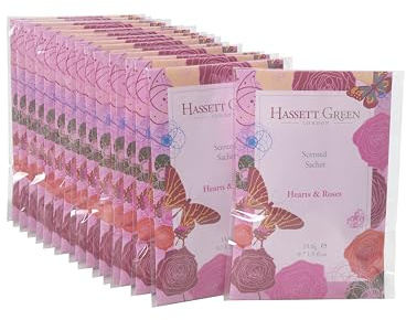 Hassett Green London - Hearts & Roses - Handmade Large Scented Sachets - Pack of 15 - For Wardrobes & Drawers