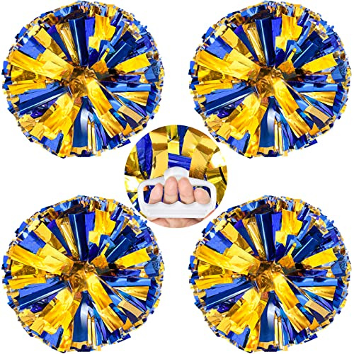 AUHOKY 4 Packs Metallic Cheerleading Cheer Pom Poms, Fluffy Cheerleader Pompoms with Finger-Friendly Ring, Cheering Pom poms for Squad Team Sports Game Dance Dress Party Kids Adults(Blue/Gold)