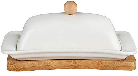 Mantequillera de porcelana con base de bambú, regular, 18 x 11 cm