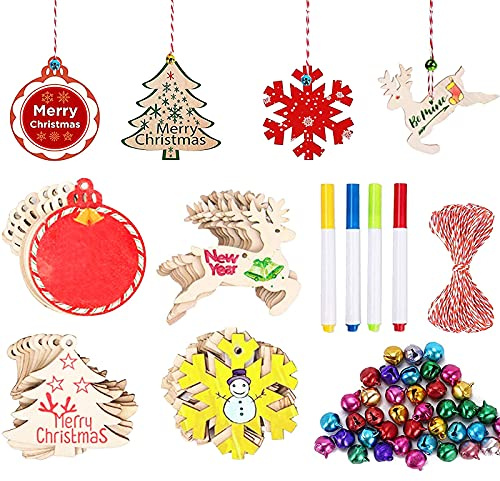 FOGAWA 40pcs Holzanhänger Weihnachten Holz Bastelset Weihnachten Kinder Weihnachtsbaum Anhänger Basteln mit Juteseil und Glocken Weihnachtsanhänger für DIY Christbaumschmuck Dekoration