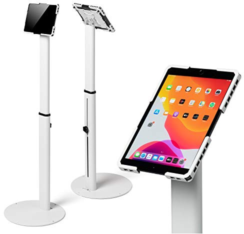 Tabdoq Supporto da pavimento universale per tablet regolabile 70–120 cm – per iPad e tablet 10–13 pollici – girevole, inclinabile, base stabile in metallo, gestione cavi, bianco