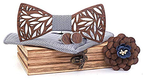 COMIOR Herren Holzfliege Einstecktuch Set Fliege Holz Hohl Geschnitzt Box Handgefertigte Fliegen Manschettenknöpfe Corsage Quadrat Schal Set