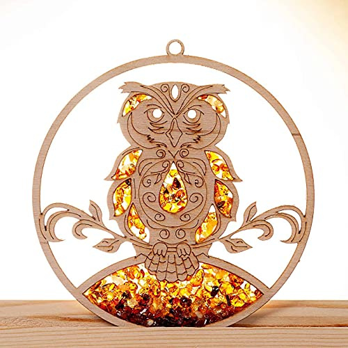 Raduly Amber Birch Wood Owl Suncatcher Window Decoration Diameter 10