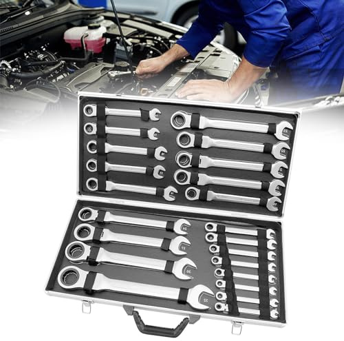 NaMaSyo 22-teiliger Ratschenschlüssel-Satz Maulschlüssel-Ring Cr-V-Stahl Ringmaulschlüssel-Satz 6-32 mm mit Werkzeugkoffer (2509)