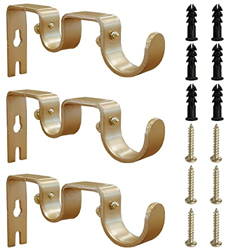 Kowibcl 3 soportes dobles para barra de cortina, se adapta a barras de hasta 1 y 5/8 pulgadas, soportes de pared fijos dobles, color dorado