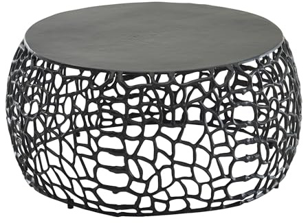 FineBuy Couchtisch Rund 66x66x30 cm Aluminium Schwarz, AST-Struktur | Wohnzimmertisch mit organischem Metallgeflecht, Sofatisch handgefertigt, Loungetisch als Blickfang