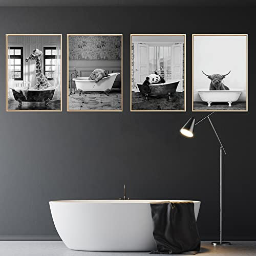 UGZDEA Tier in der Badewanne Leinwand Bilder, Schwarz Weiß Hochlandkuh Elefant Badezimmer Poster Modernes Wohnzimmer Schlafzimmer Home Decor-ohne Rahmen(E,4x50x70cm)