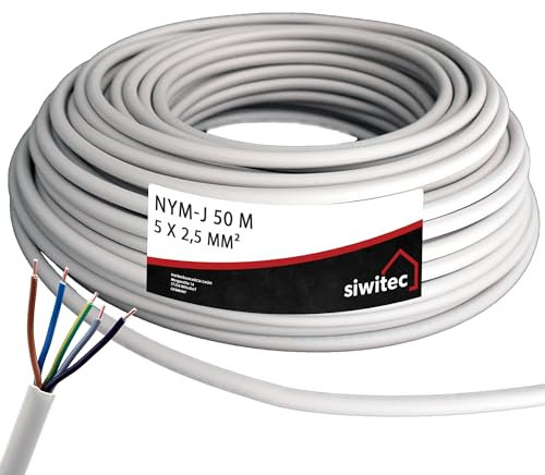 siwitec NYM-Kabel, NYM-J 5x2,5 mm², 50 m, Stromkabel, Mantelleitung, Installationskabel, Kabelring