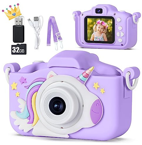 Appareil photo 48 MP pour filles et garçons 1080P, jouet pour enfants Cadeau fille 3-10 ans, coque, carte SD 32 Go