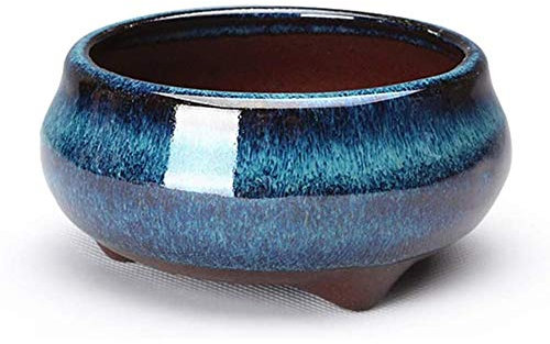 GImLY Glasiertes Pfauenblau-Purpur-Tonbecken Chinesische runde Keramik-Bonsai-Blumentöpfe für Pflanzen Kleiner glasierter Topfpflanzer Heimwerkerdekoration