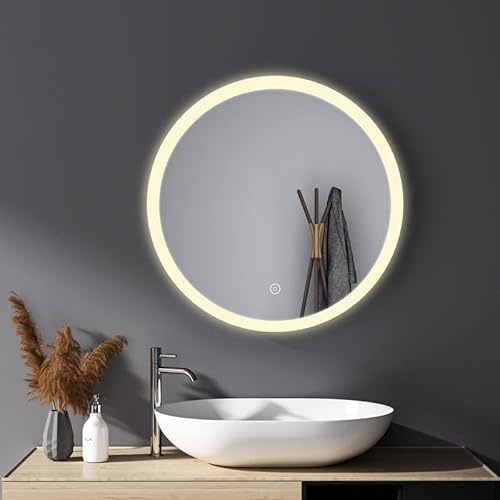 HY-RWML Spiegel mit Beleuchtung Rund 60cm Runder Wandspiegel Touch-Schalter 3 Lichtfarbe LED Badspiegel Badezimmerspiegel Warmweiß Kaltweiß Neutral 6500K energiesparend A++