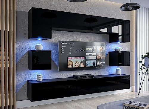 Furnitech Wohnwand Modern | Hängend Wohnwand mit Regale und TV Schrank | Möbel ohne LED (Nowara AN1-17B-HG20 1B)