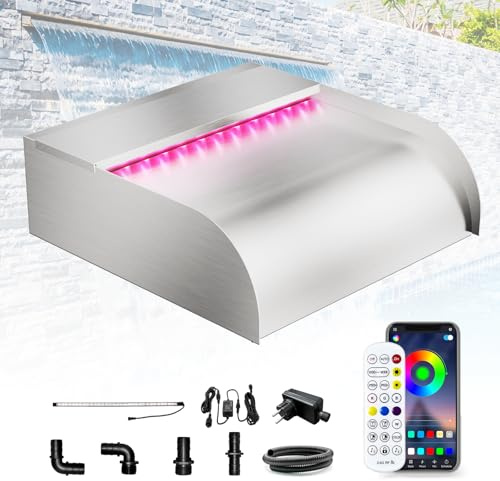 LONGRUN 30cm Teich Wasserfall Set,304 Edelstahl Pool Wasserfall Brunnen mit RGB Bluetooth LED und Fernbedienung, Breite 31cm